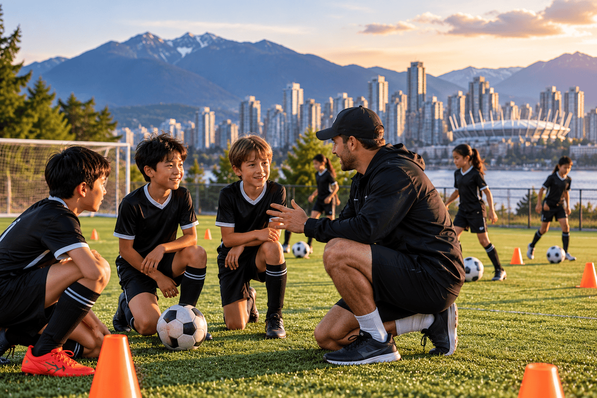 Young soccer players training in Vancouver with a coach, alongside digital marketing graphics promoting local academy registrations.