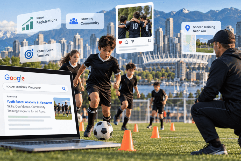 Young soccer players training in Vancouver with a coach, alongside digital marketing graphics promoting local academy registrations.